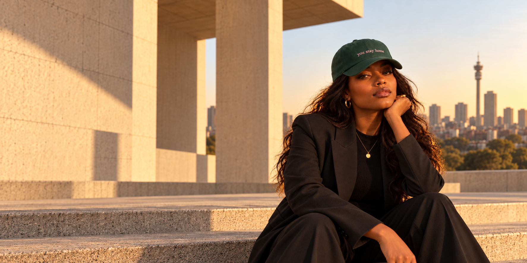 Woman wearing a forest green you stay home statement cap in Johannesburg