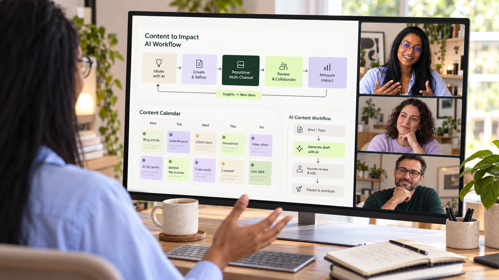 Sadhana leading an online AI workflow session with a shared workflow map and client video call
